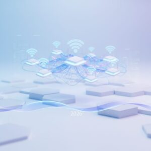 Three sleek, futuristic mesh Wi-Fi units strategically placed within a modern, open-plan living room, casting a subtle network glow.