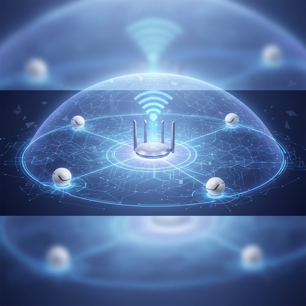 Sleek, modern mesh Wi-Fi router on a minimalist living room table, with a soft glow indicating widespread signal coverage throughout a stylish, contemporary home interior.