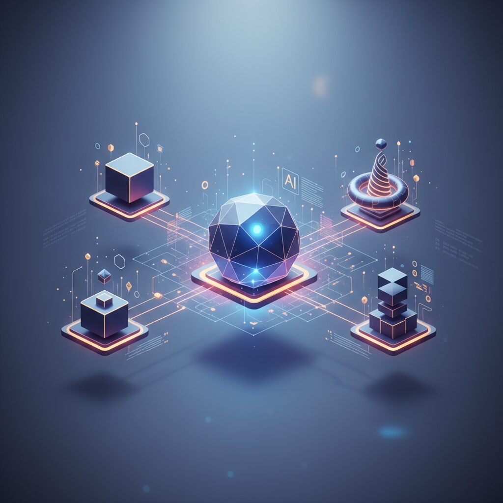 A sleek, futuristic AI assistant hologram interacting with a professional working at a modern desk in a well-lit, minimalist office, symbolizing innovation and efficiency.