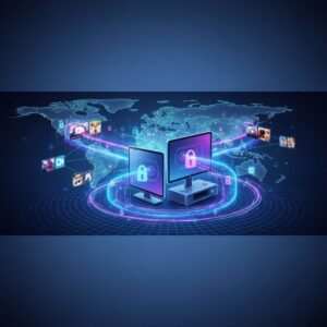 Abstract digital network representing global connectivity and data protection with shimmering light effects and a futuristic 2026 date.