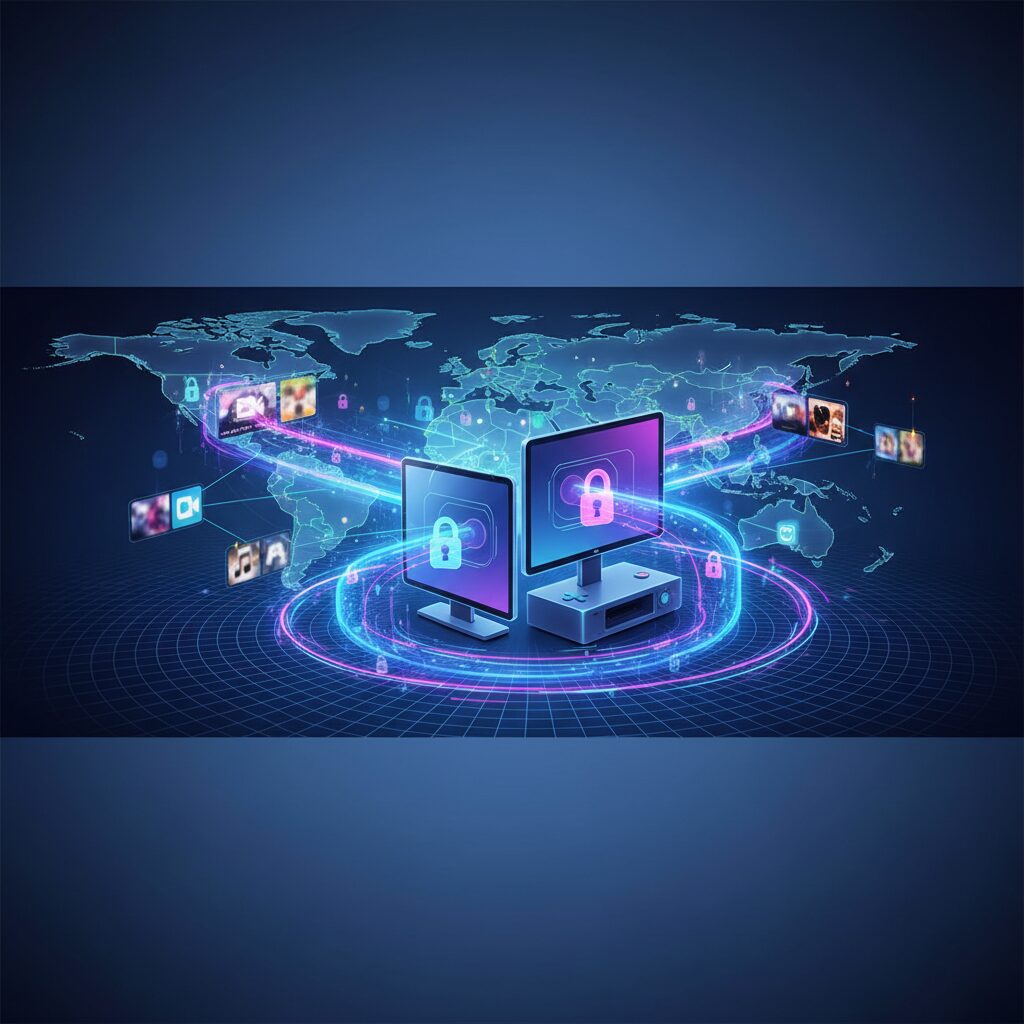 Abstract digital network representing global connectivity and data protection with shimmering light effects and a futuristic 2026 date.