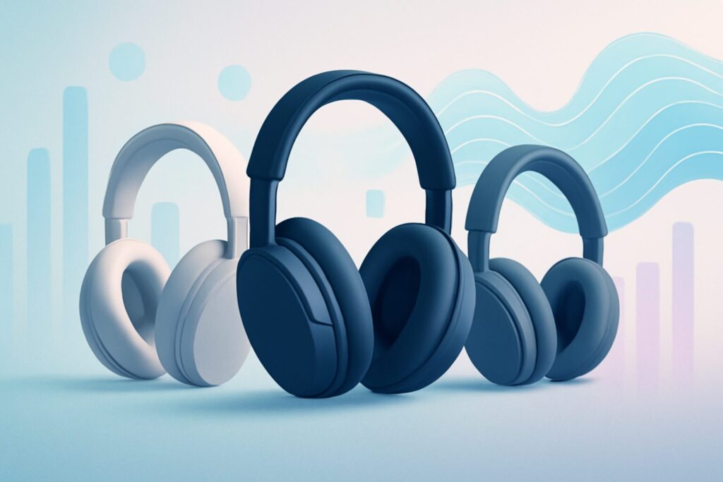 Modern headphone models with sleek design on a wooden table