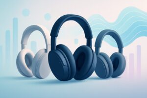 Modern headphone models with sleek design on a wooden table
