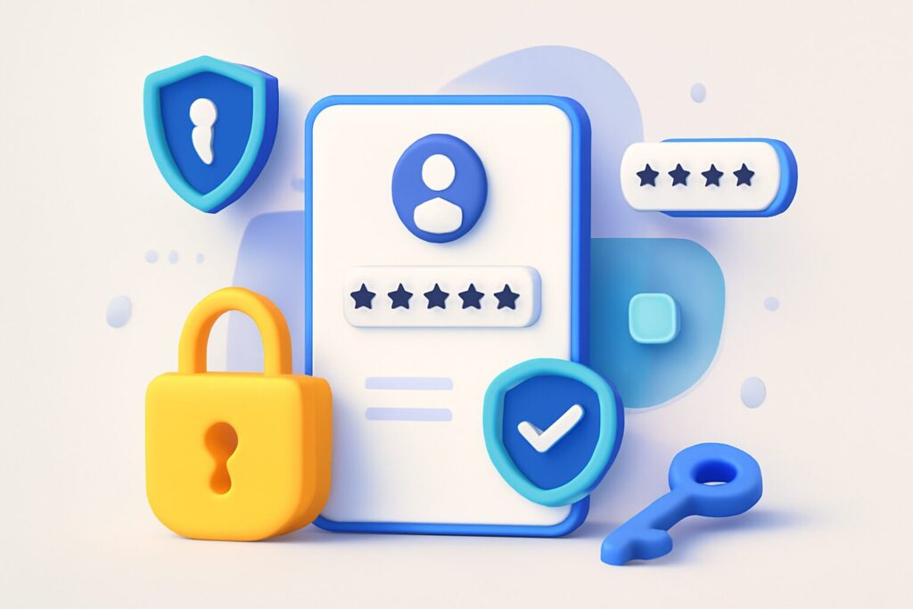 Diverse group of people using technology with symbols of security and passwords