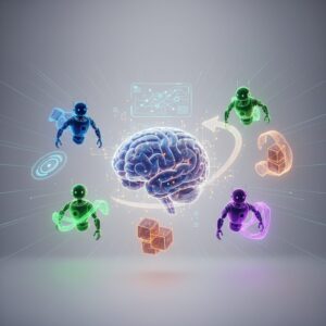 A person interacting seamlessly with multiple holographic interfaces projected from a sleek, minimalist device, showcasing advanced personal AI assistants in a modern, uncluttered home environment.
