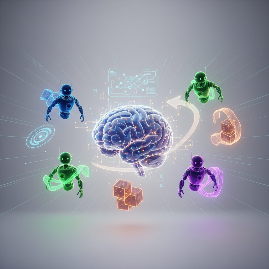 A person interacting seamlessly with multiple holographic interfaces projected from a sleek, minimalist device, showcasing advanced personal AI assistants in a modern, uncluttered home environment.