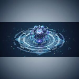 A visually striking abstract representation of quantum computing, featuring glowing qubits and intricate circuit pathways within a futuristic processor. Blue and purple light illuminate the complex network.