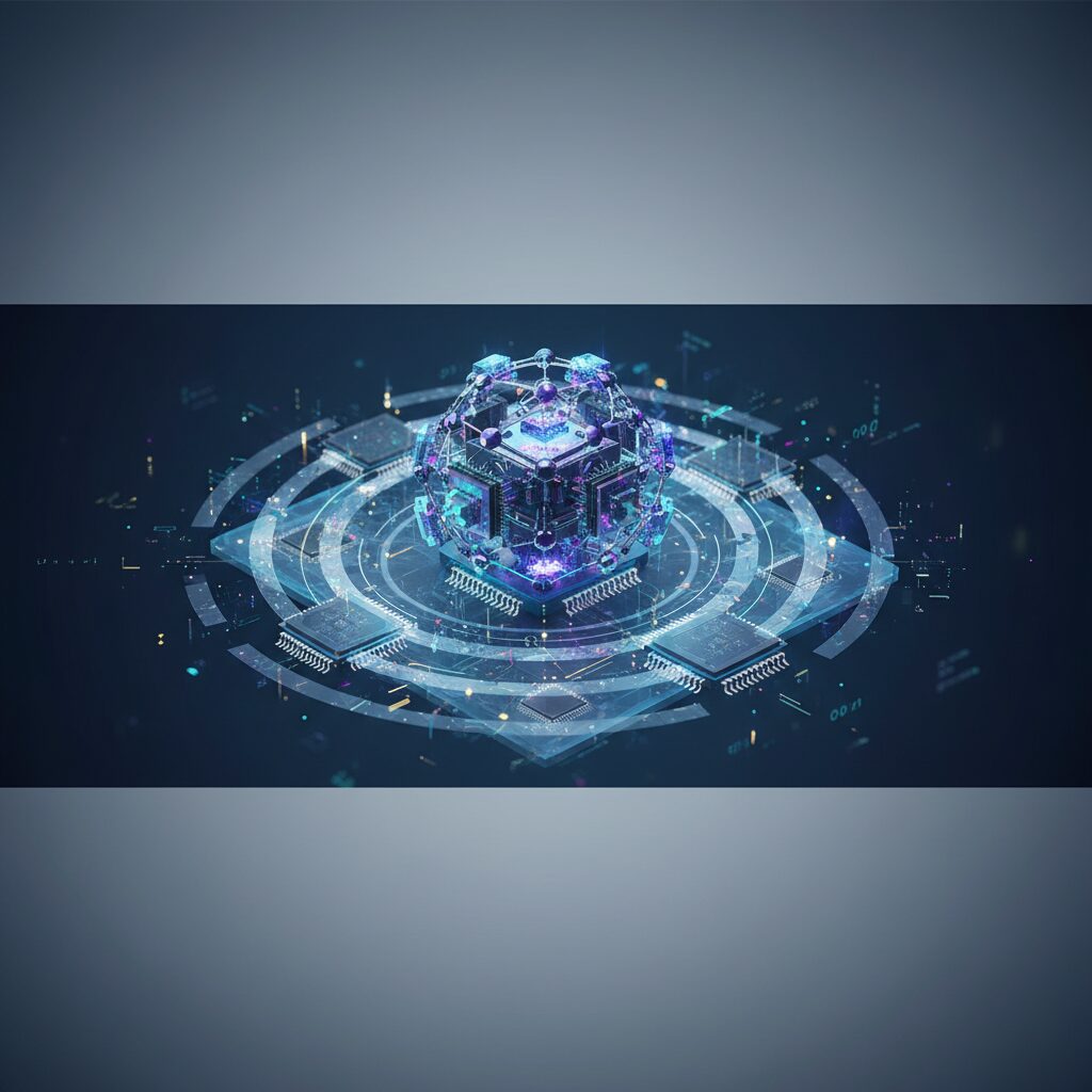 A visually striking abstract representation of quantum computing, featuring glowing qubits and intricate circuit pathways within a futuristic processor. Blue and purple light illuminate the complex network.