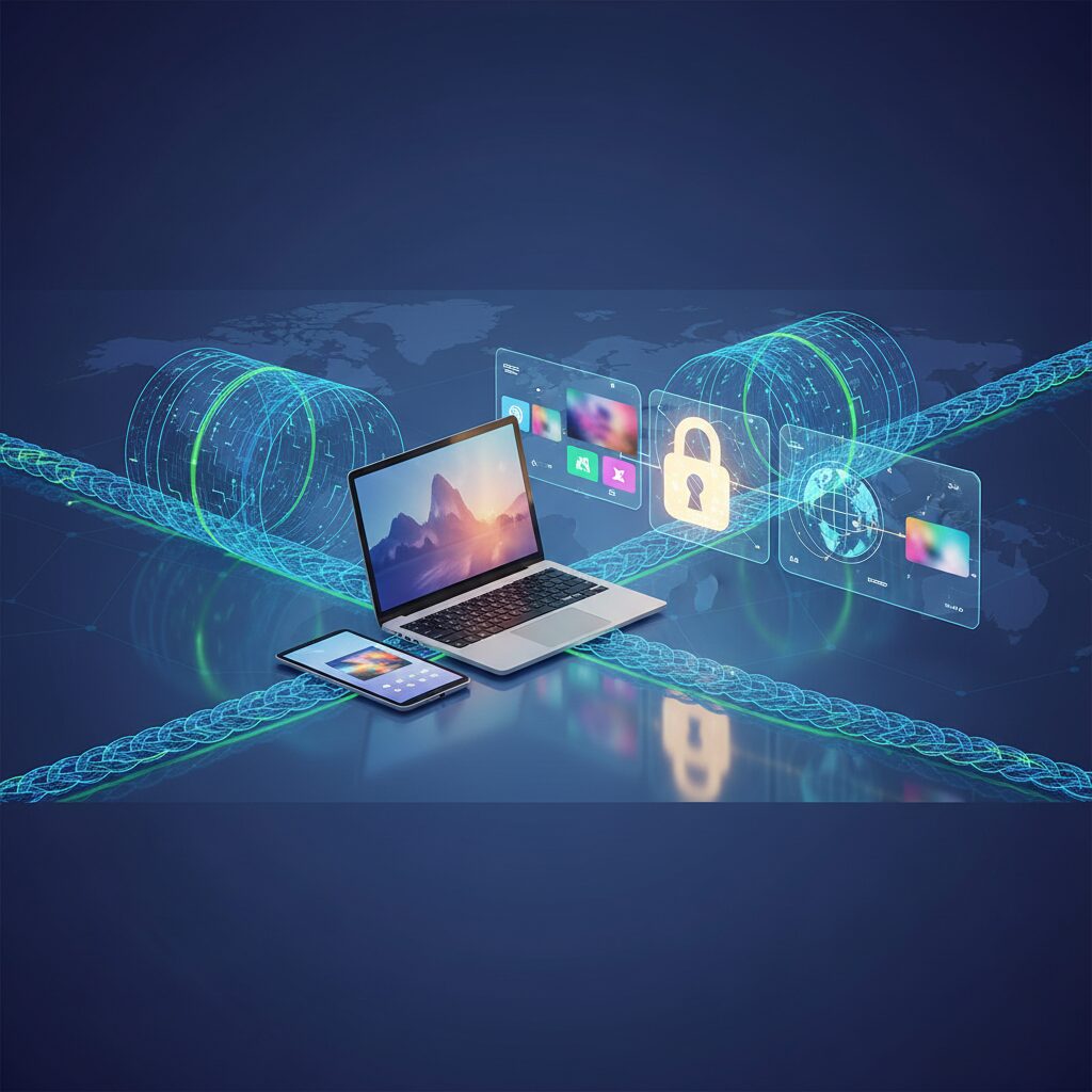 A stylized digital shield icon protecting a globe made of glowing data points, with a network of secure connections emanating from it, set against a futuristic blue background.