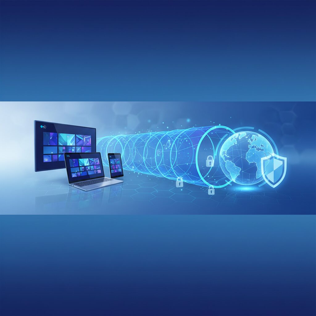 A glowing blue shield icon representing digital security, overlaid on a world map with connected lines, suggesting global network protection and fast data transfer.