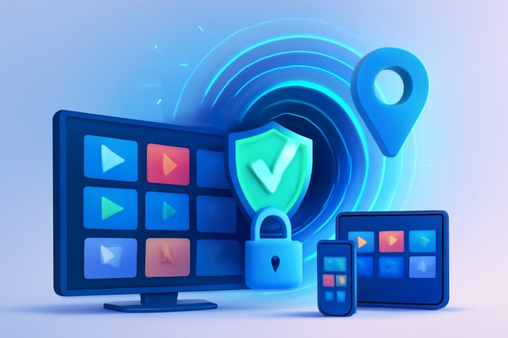 Abstract digital connection theme with streaming symbols and globe