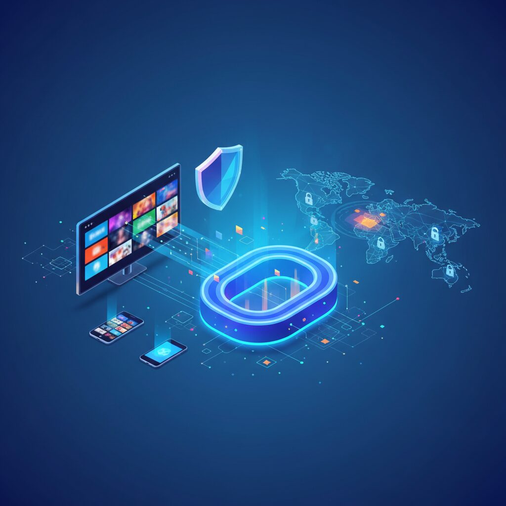A glowing digital shield icon protecting a laptop and smartphone, with fast, secure data lines flowing in the background against a dark, futuristic cyberspace backdrop.