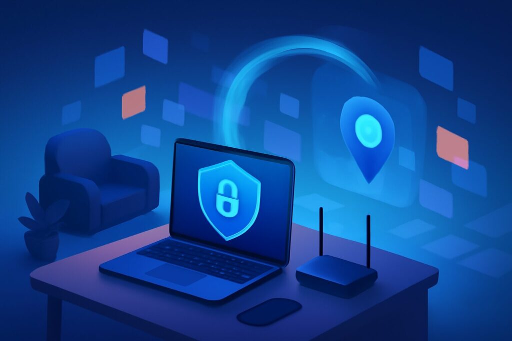 Person using a laptop with a secure VPN connection in a modern workspace