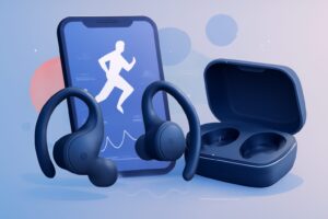 Sleek and modern wireless earbuds on a gym bag in brightly lit gym