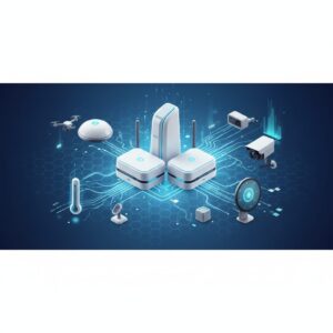 Sleek white mesh Wi-Fi router nodes arranged in a modern home setting, indicating robust, whole-home wireless internet coverage for 2026. The scene highlights seamless connectivity.
