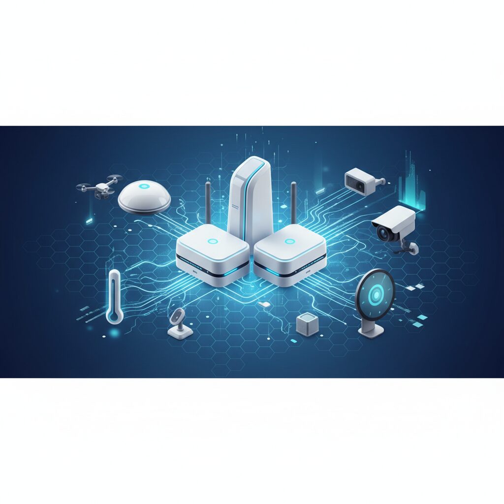 Sleek white mesh Wi-Fi router nodes arranged in a modern home setting, indicating robust, whole-home wireless internet coverage for 2026. The scene highlights seamless connectivity.