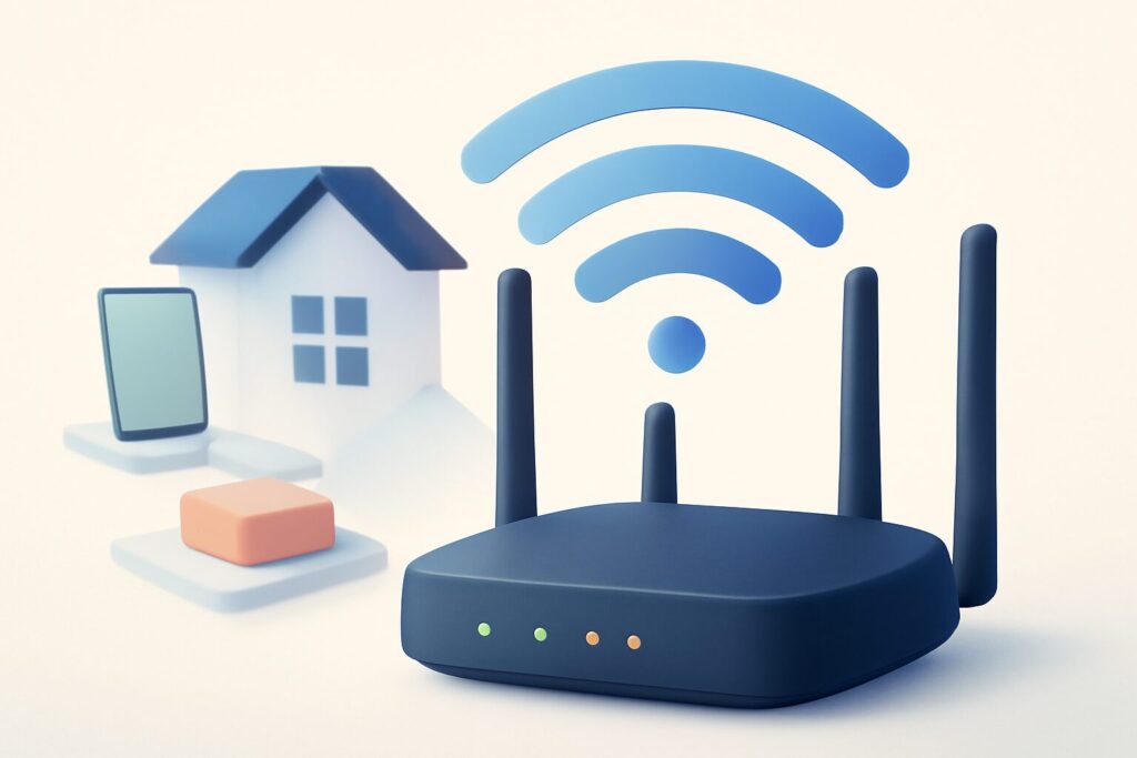 A modern home setting with a sleek wireless router on a table
