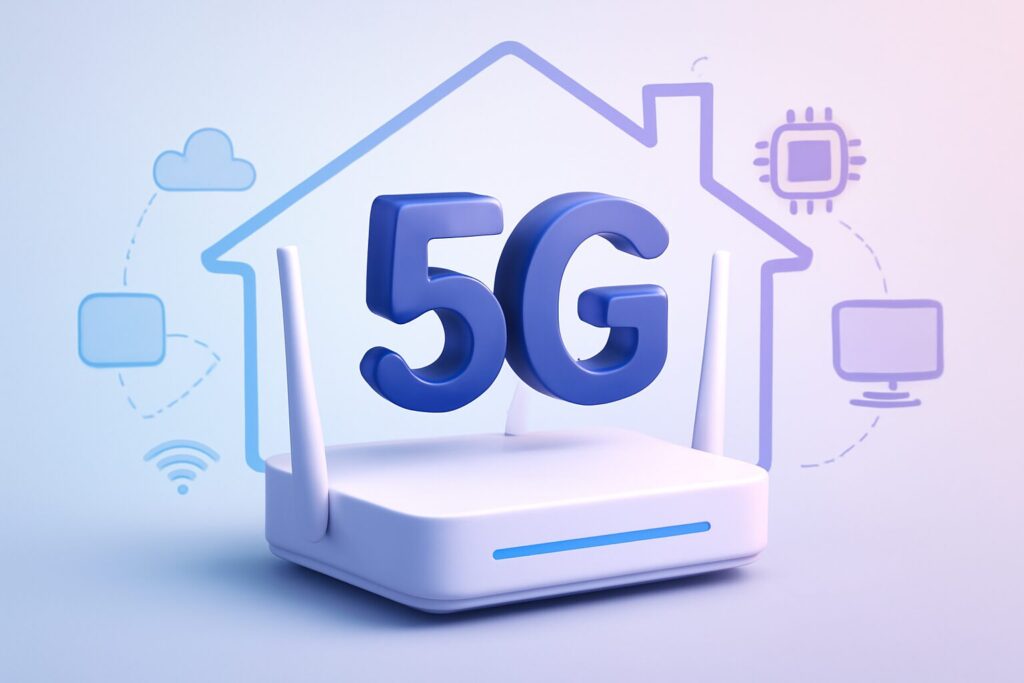 A sleek 5G router on a modern home office desk next to a laptop