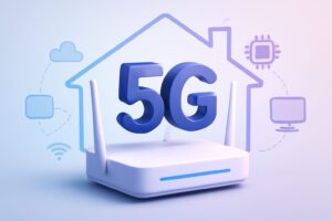 A sleek 5G router on a modern home office desk next to a laptop