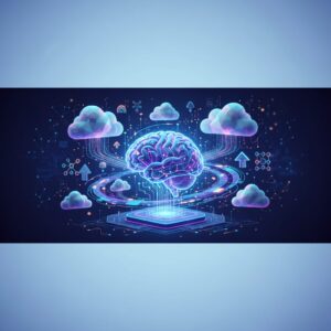 Digital cityscape with glowing neural network connections flowing into abstract cloud icons, representing AI integration and business growth. Data visualizations and financial charts.