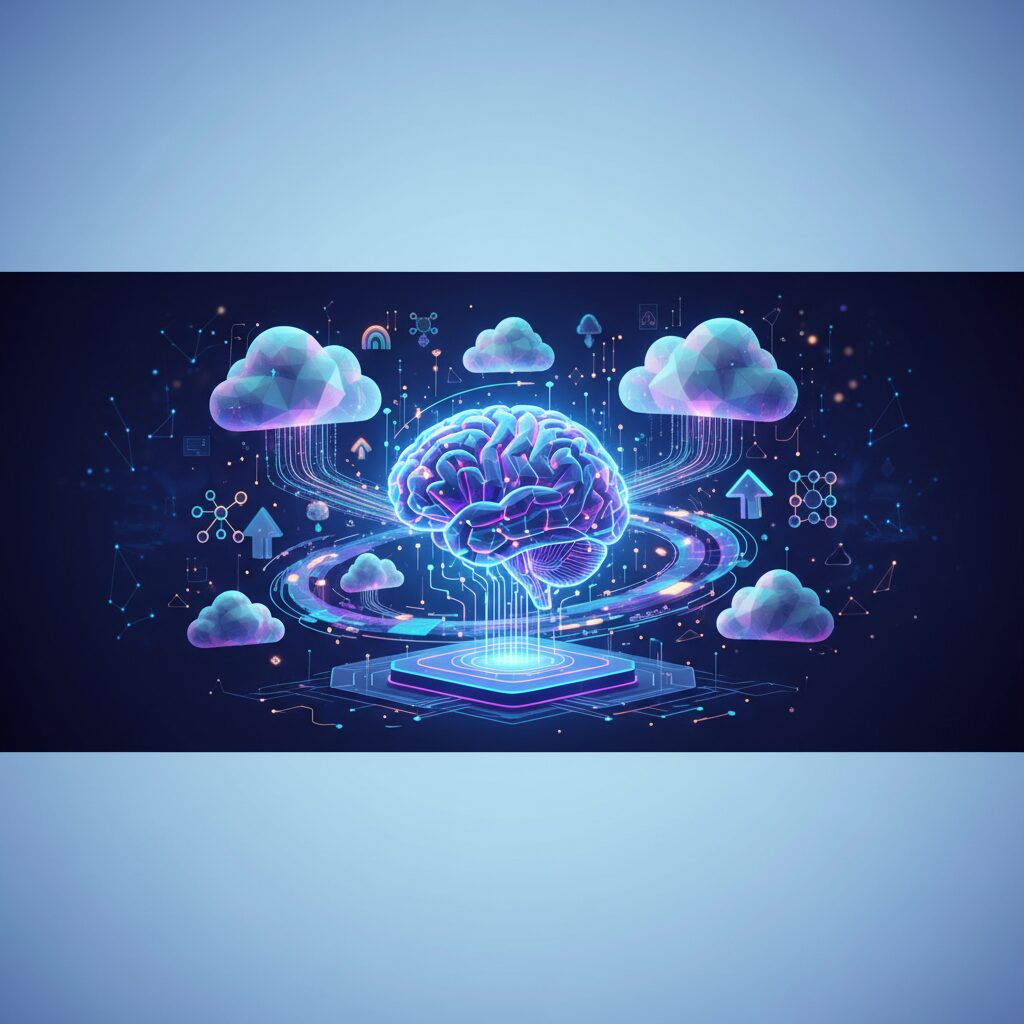 Digital cityscape with glowing neural network connections flowing into abstract cloud icons, representing AI integration and business growth. Data visualizations and financial charts.