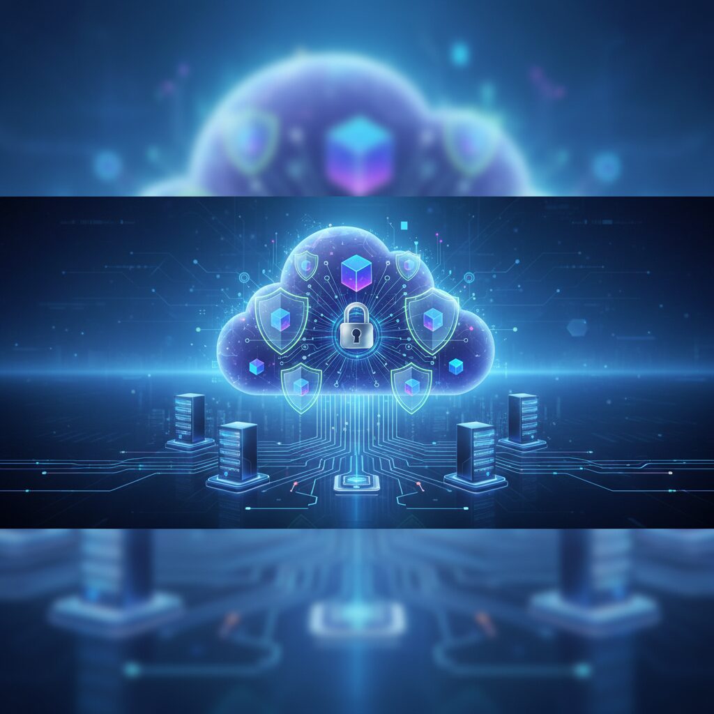 Digital data flowing into abstract cloud shapes with interconnected lines and server racks in a futuristic, secure environment, representing advanced storage.