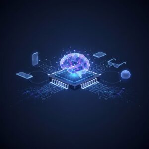 Futuristic microchip with glowing circuits seamlessly integrated into sleek, minimalist consumer devices like a smartphone and a smart home hub, against a vibrant, abstract background representing data flow.