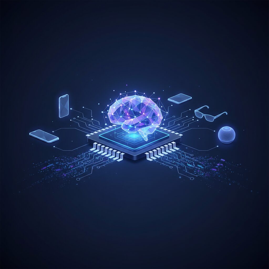 Futuristic microchip with glowing circuits seamlessly integrated into sleek, minimalist consumer devices like a smartphone and a smart home hub, against a vibrant, abstract background representing data flow.