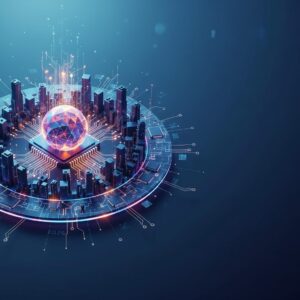 A futuristic processor chip glowing with digital data streams, symbolizing edge AI and real-time intelligence integration in a smart city environment.