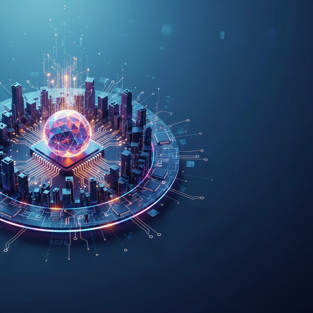 A futuristic processor chip glowing with digital data streams, symbolizing edge AI and real-time intelligence integration in a smart city environment.