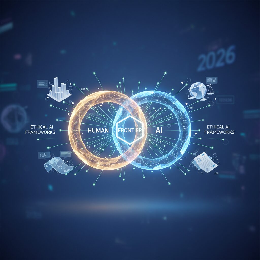Digital brain with interconnected nodes and glowing lines representing ethical AI frameworks, set against a backdrop of global data, symbolizing governance and future impact on society.