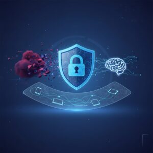 A sleek, futuristic interface displaying biometric authentication and AI-driven security protocols, protecting digital identities in a secure network environment.