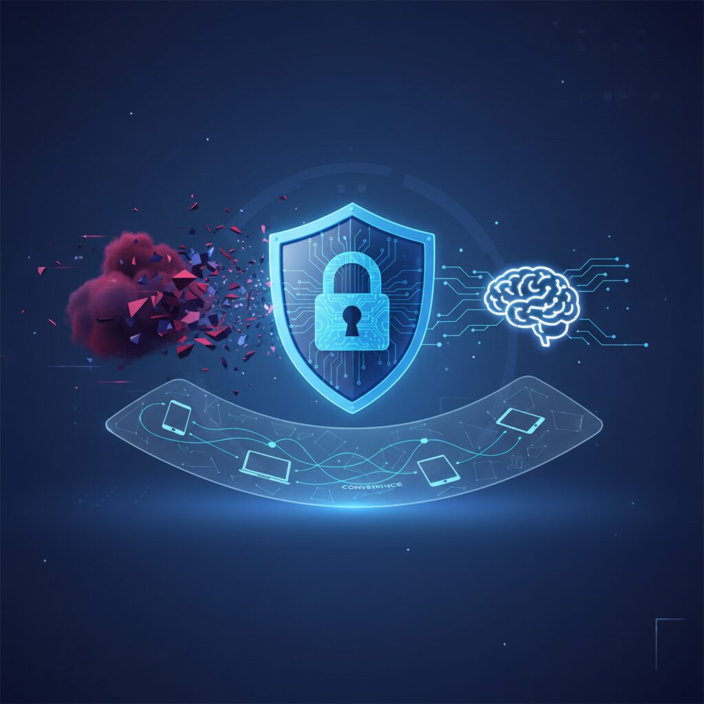 A sleek, futuristic interface displaying biometric authentication and AI-driven security protocols, protecting digital identities in a secure network environment.