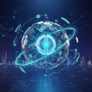 A futuristic living room where a person interacts seamlessly with holographic interfaces and AI devices, showcasing integrated autonomous technology.