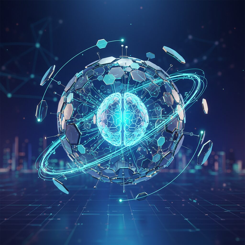 A futuristic living room where a person interacts seamlessly with holographic interfaces and AI devices, showcasing integrated autonomous technology.
