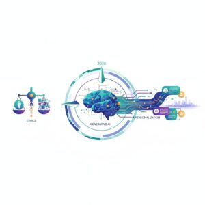 Abstract representation of generative AI, with glowing lines connecting diverse user profiles and ethical dilemmas depicted as subtle, shimmering barriers.