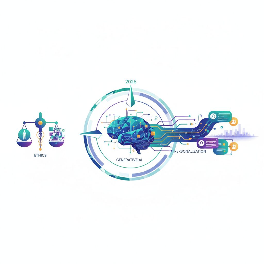 Abstract representation of generative AI, with glowing lines connecting diverse user profiles and ethical dilemmas depicted as subtle, shimmering barriers.
