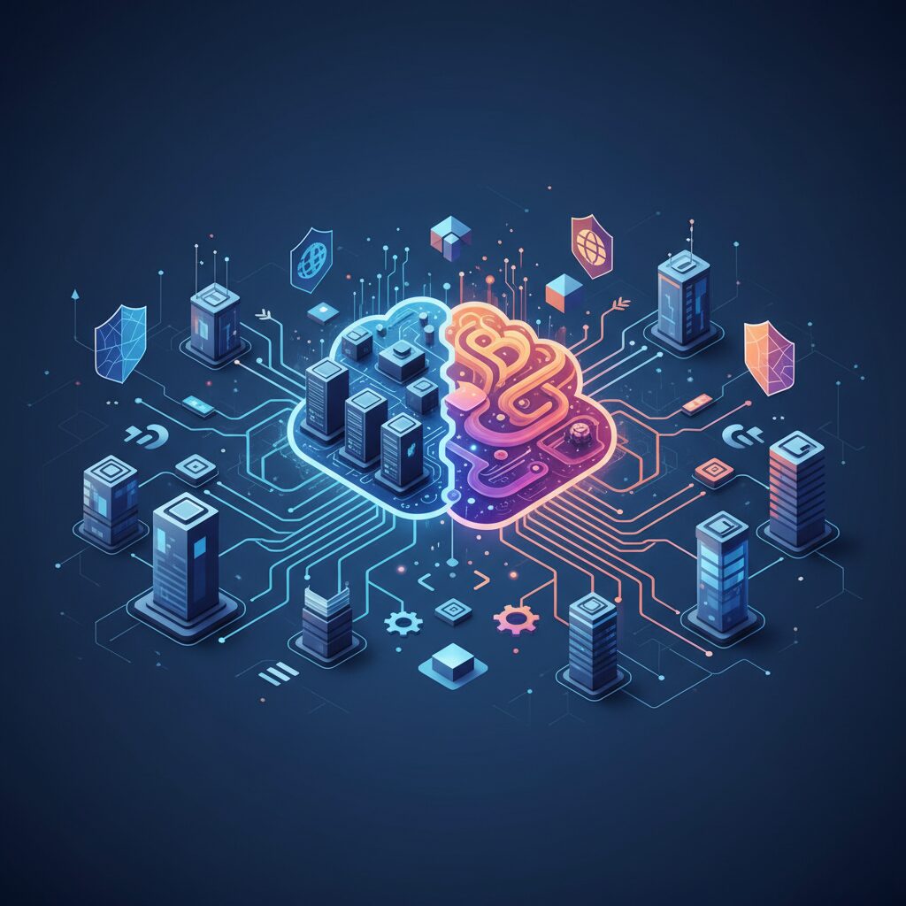 Abstract digital representation of interconnected cloud servers and on-premise infrastructure, symbolizing data flow and scalability for enterprise operations.