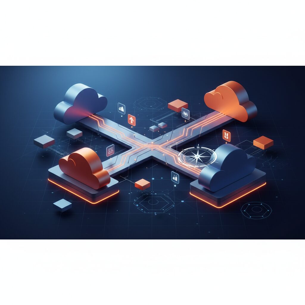 A dynamic visual depicting interconnected data centers, public cloud icons, and abstract glowing lines flowing between them, symbolizing seamless data movement and strategic growth.