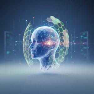 A stylized digital representation of interconnected AI systems safeguarding personal data, with glowing data streams and a subtle privacy shield icon.