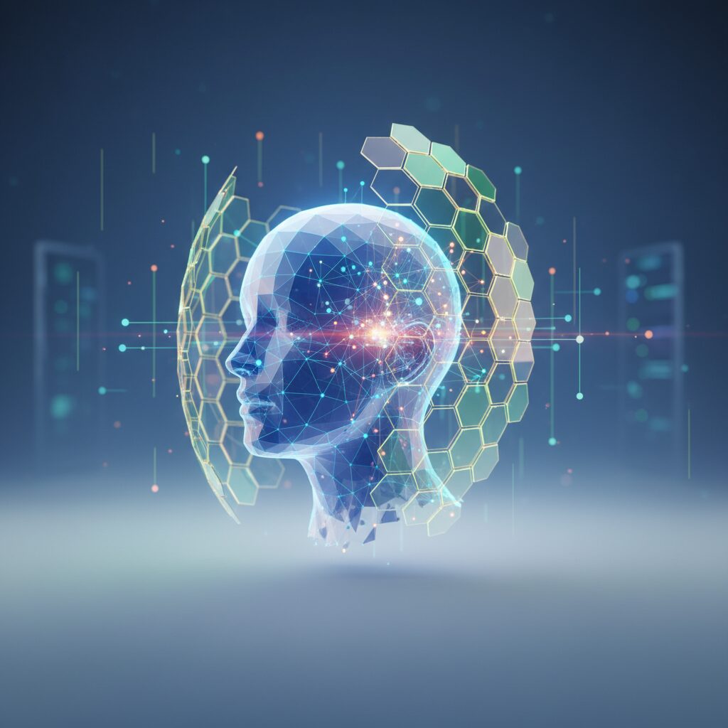 A stylized digital representation of interconnected AI systems safeguarding personal data, with glowing data streams and a subtle privacy shield icon.