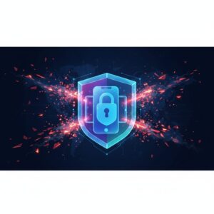 A secure digital environment featuring glowing data streams, abstract security shields, and intertwined lines representing data flow and protection in a futuristic setting.