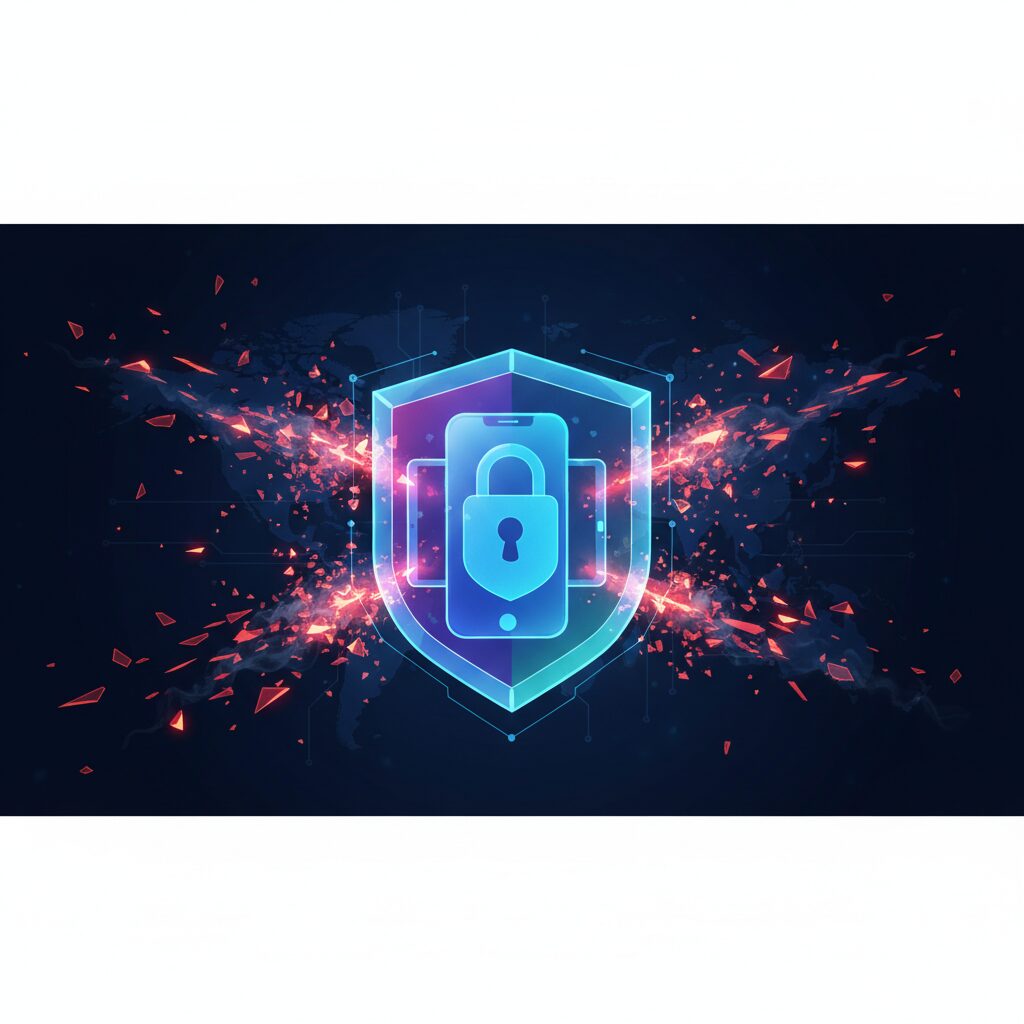 A secure digital environment featuring glowing data streams, abstract security shields, and intertwined lines representing data flow and protection in a futuristic setting.
