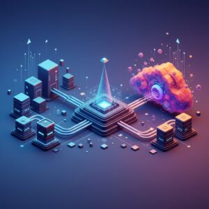 A futuristic data center with glowing blue network connections flowing between on-premise servers and abstract cloud icons, representing seamless hybrid cloud integration.