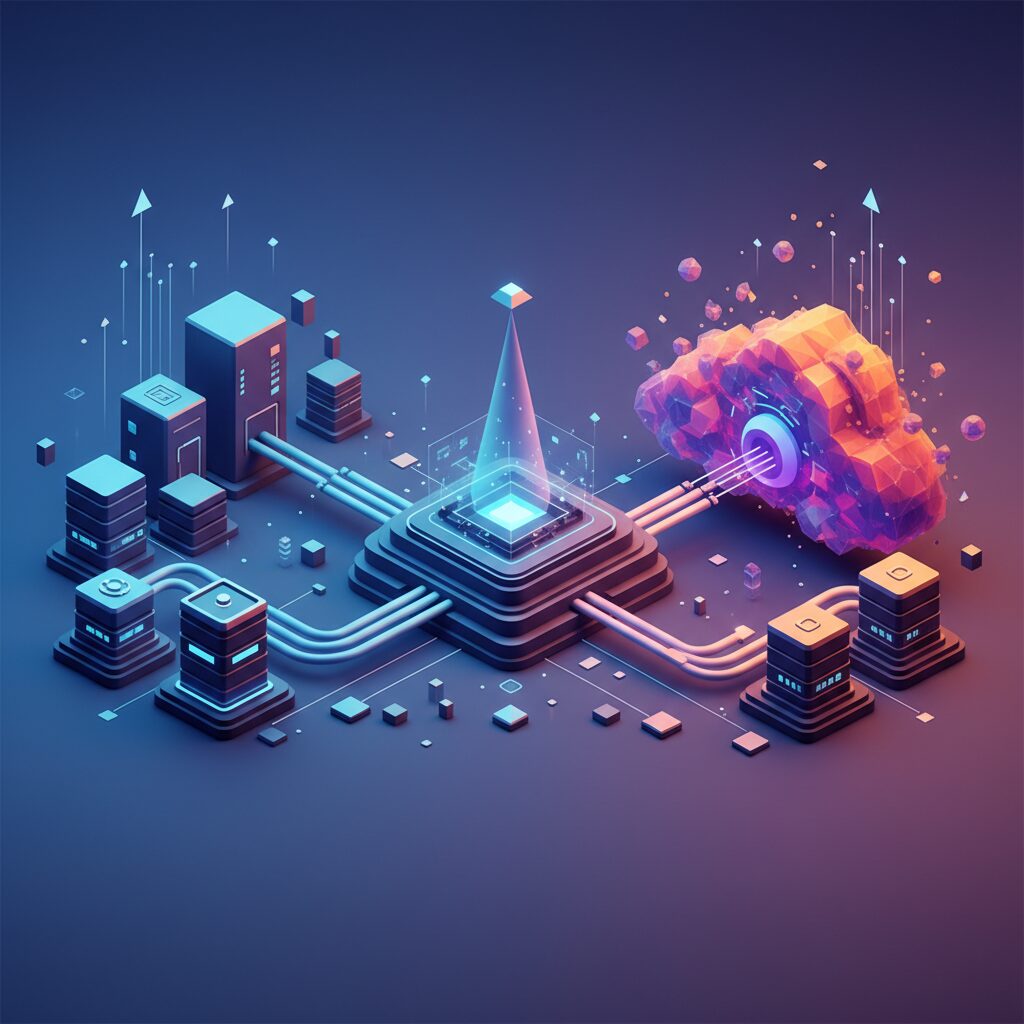 A futuristic data center with glowing blue network connections flowing between on-premise servers and abstract cloud icons, representing seamless hybrid cloud integration.
