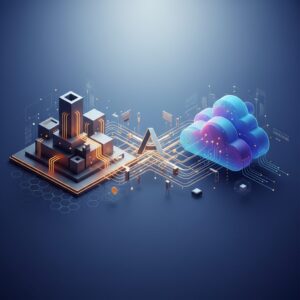 A modern enterprise architect interacts with a holographic display showing interconnected cloud and on-premise data center components, illustrating hybrid cloud solutions.