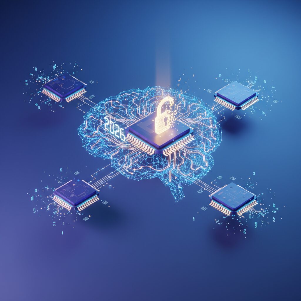 A sleek, futuristic AI accelerator chip processing data at the edge of a vast network, with blurred cityscape lights in the background.