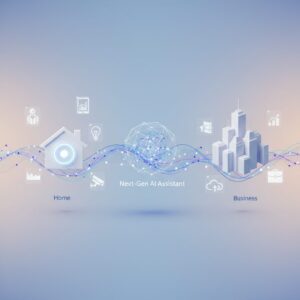 A person interacting with a holographic AI assistant in a modern home office setting, featuring sleek technology and a professional blog style.