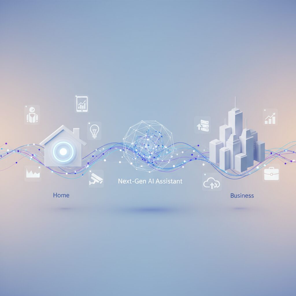 A person interacting with a holographic AI assistant in a modern home office setting, featuring sleek technology and a professional blog style.