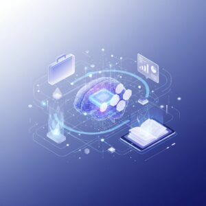 A diverse group of professionals in a modern, well-lit office interacting with translucent, holographic AI interfaces displaying data visualizations and task lists. Focus on collaboration and future technology integration.